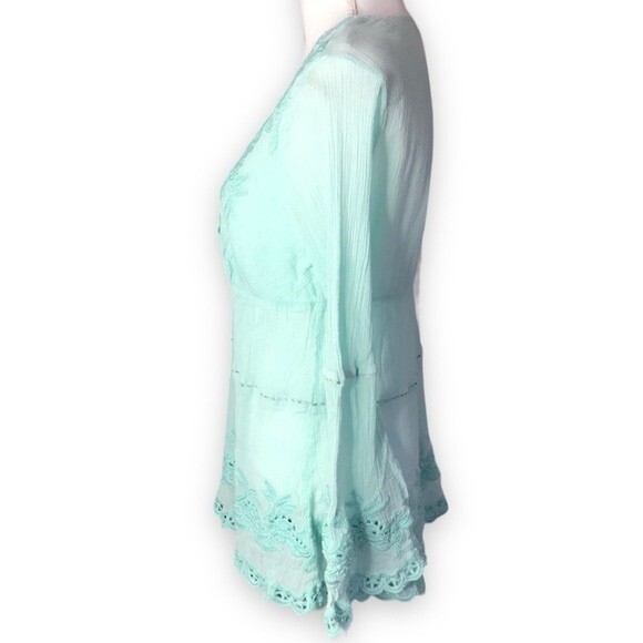 Boston Proper Mint Green Lace Embroidered Bell Sleeve Tunic Blouse - Picture 3 of 9